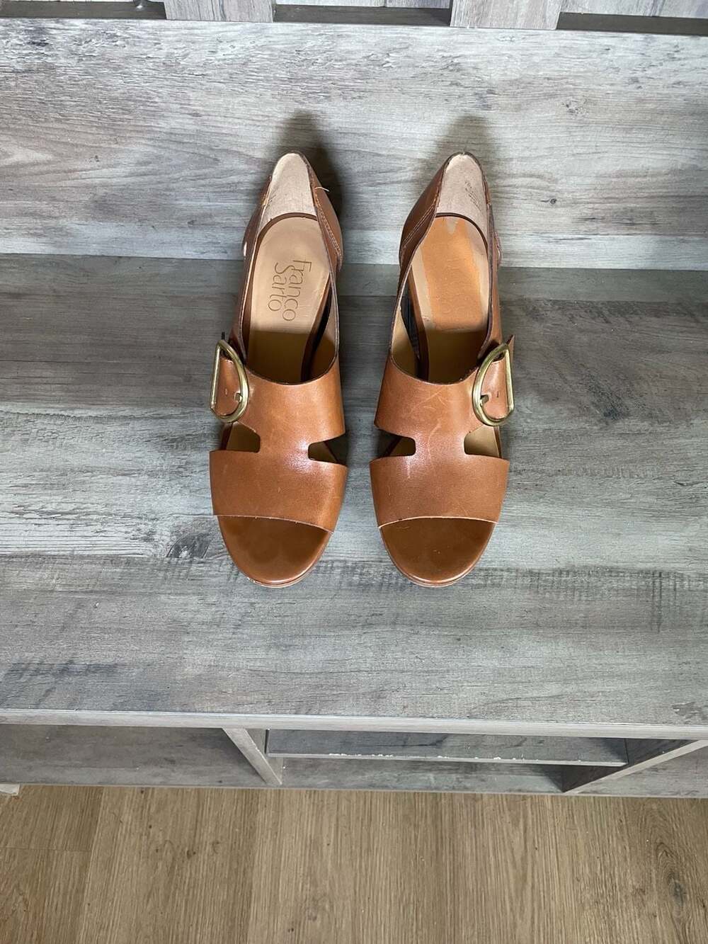 Franco Sarto Mirabel Brown Leather Gold Buckle Block Heels